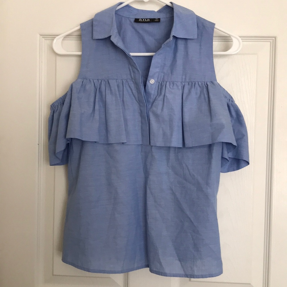 Off Shoulder Ruffle Button Collar Blouse Blue